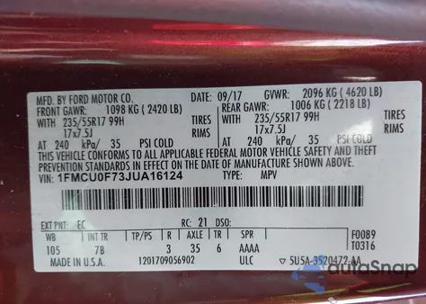 2018 Ford Escape S z USA, uszkodzony, nr VIN 1FMCU0F73JUA16124